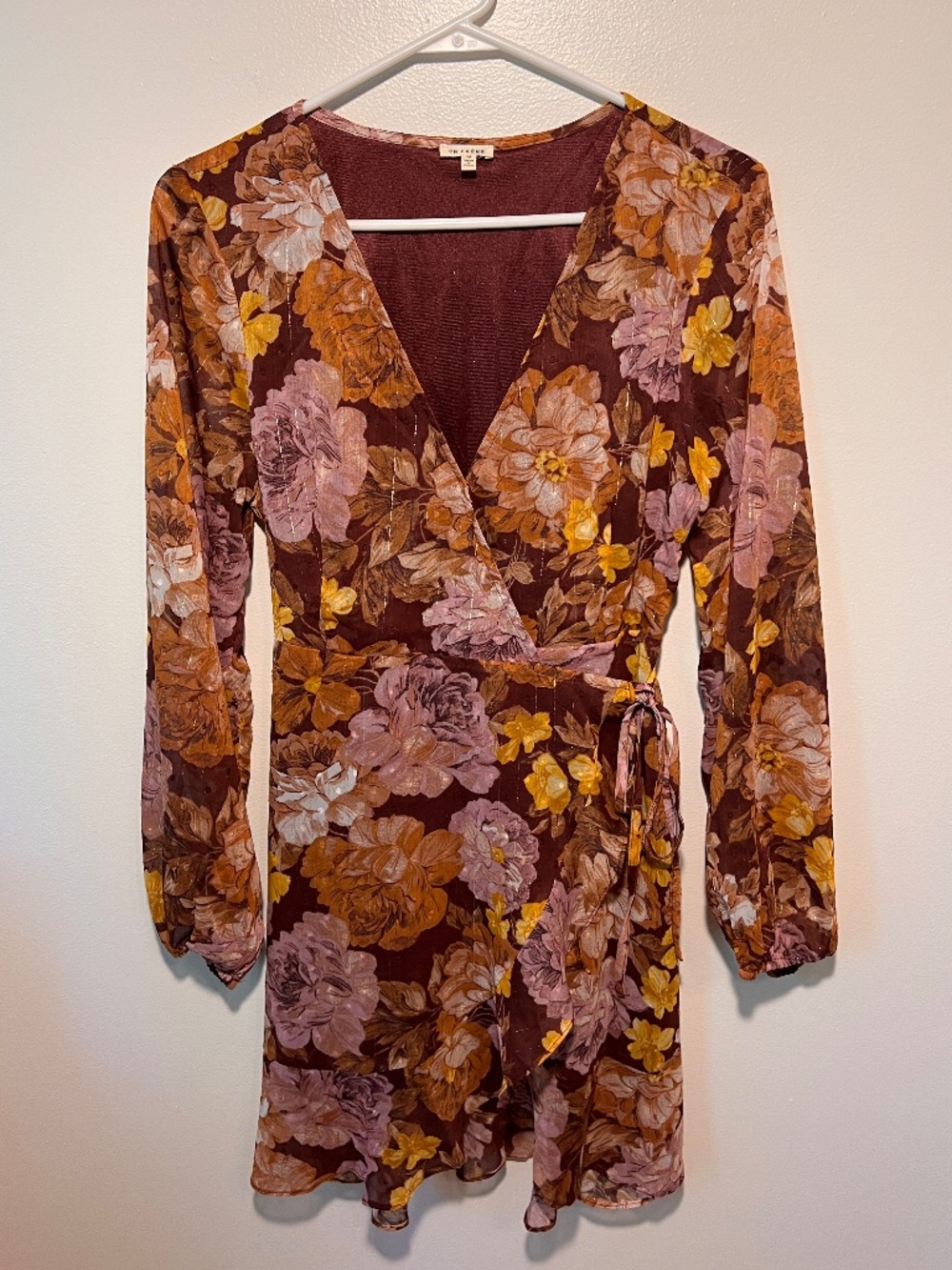 En Creme Long Sleeve Burgundy and Floral Print V-Neck Wrap Dress | Size M